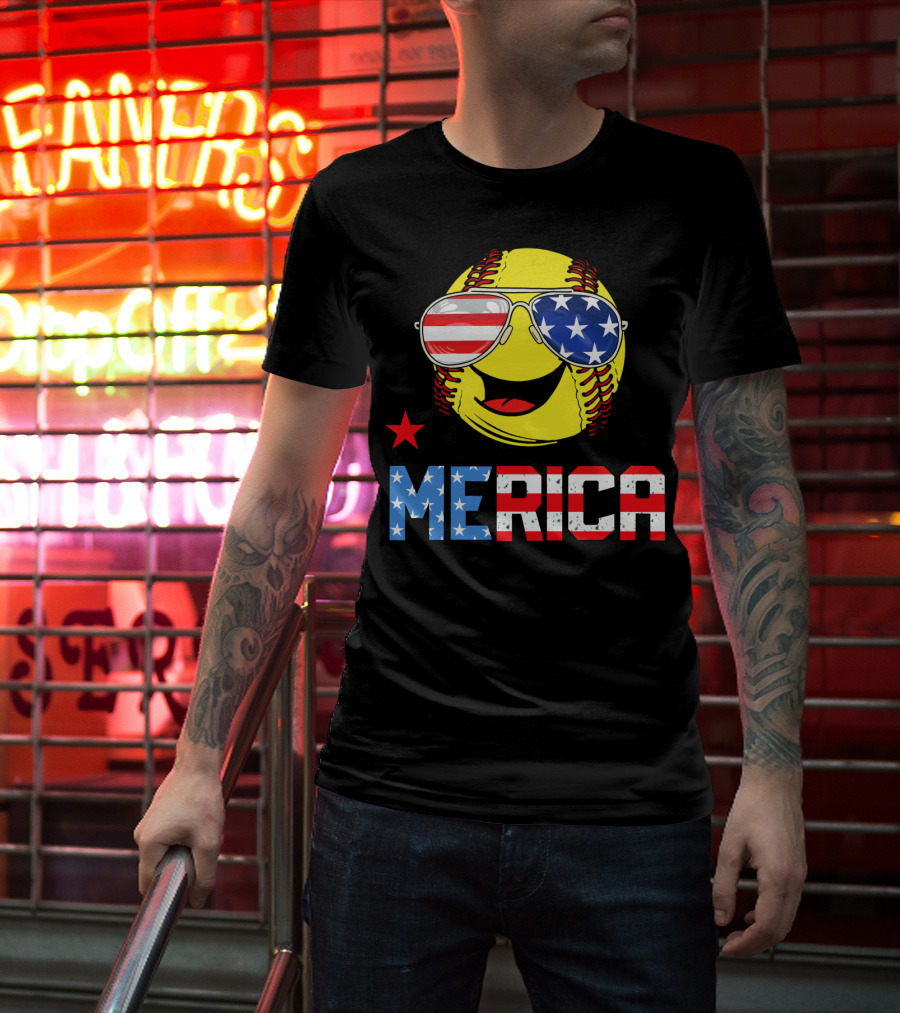Softball MERICA Smiling Baseball With American Flag Sunglasses T-Shirt
