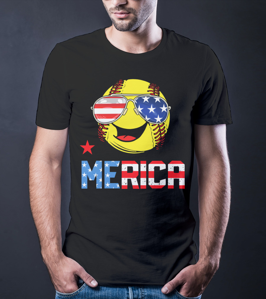 Softball MERICA Smiling Baseball With American Flag Sunglasses T-Shirt