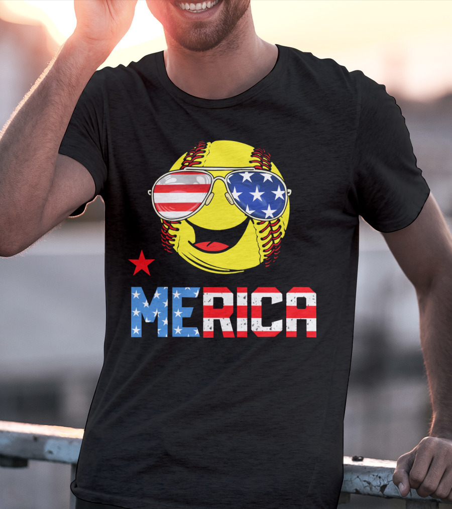 Softball MERICA Smiling Baseball With American Flag Sunglasses T-Shirt