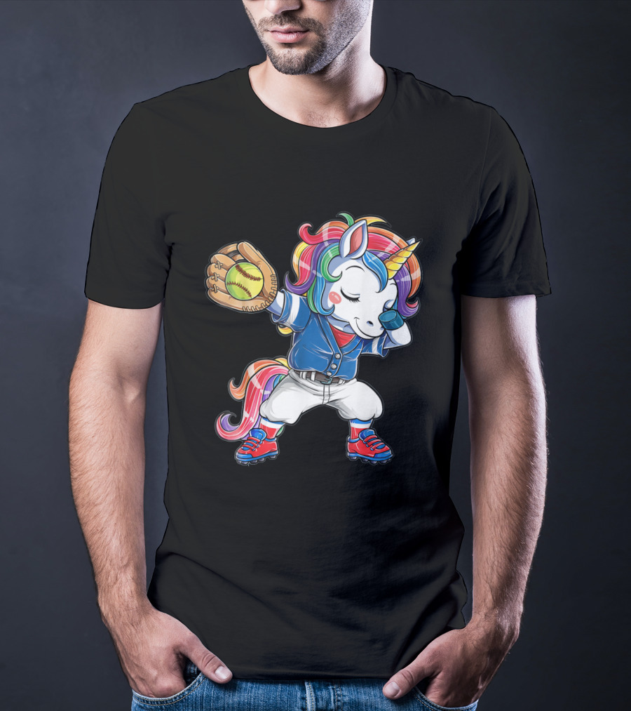 Unicorn Dabbing Rainbow Softball Player Catching Glove T-Shirt
