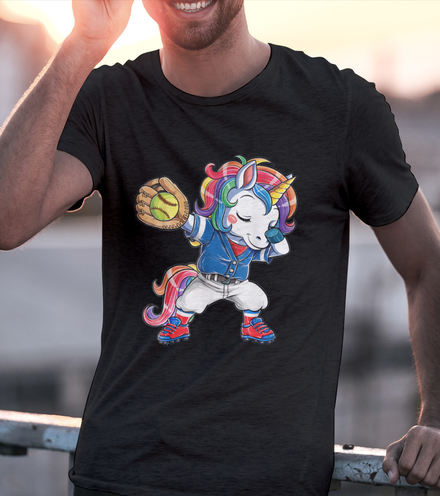 Unicorn Dabbing Rainbow Softball Player Catching Glove T-Shirt