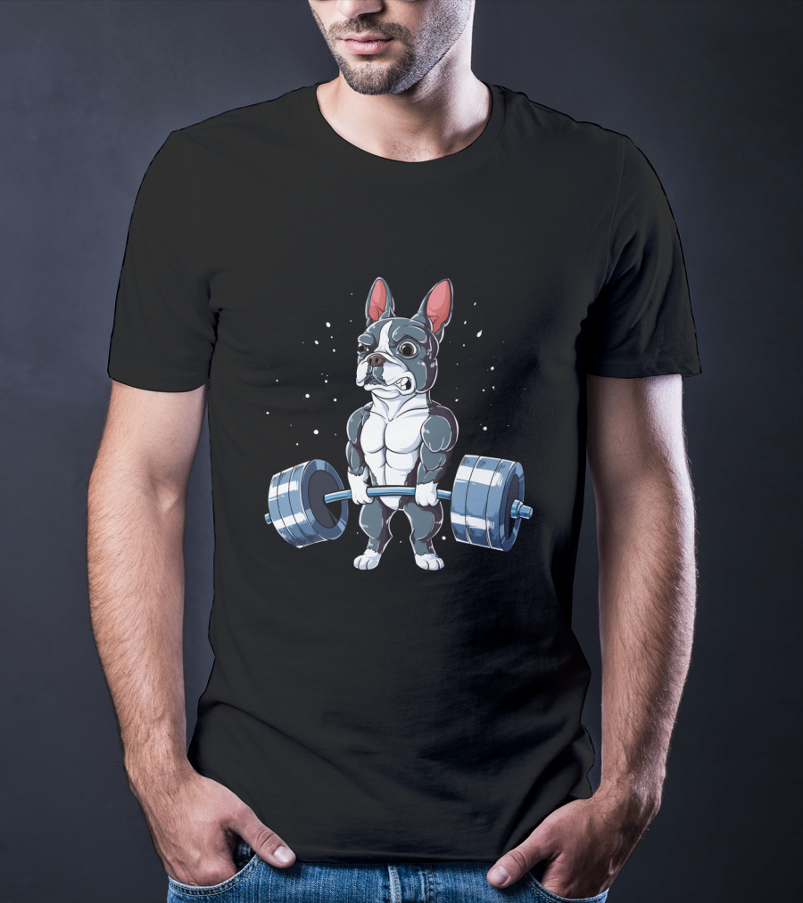 Weight Lifting Boston Terrier With Barbell T-Shirt