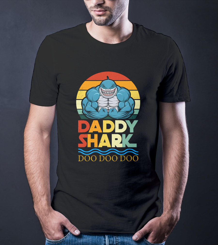 Daddy Shark Doo Doo Doo Retro Weight Lifting Shark T-Shirt