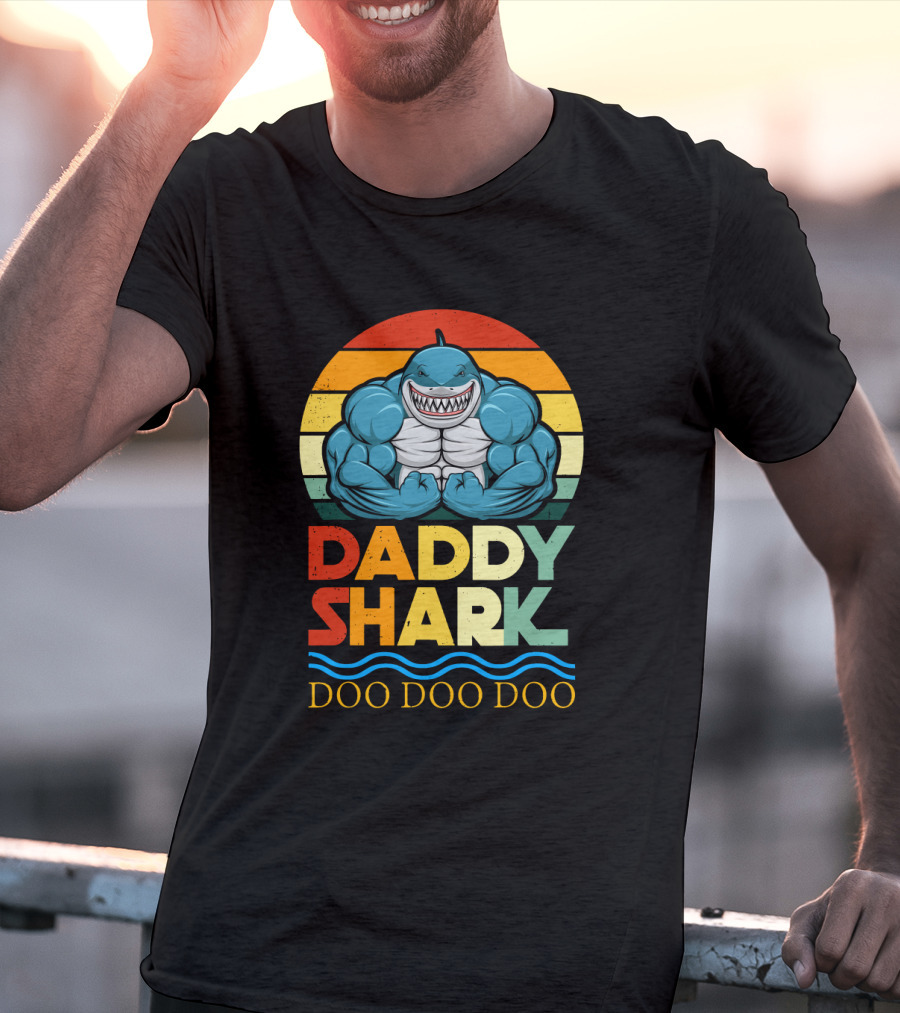 Daddy Shark Doo Doo Doo Retro Weight Lifting Shark T-Shirt