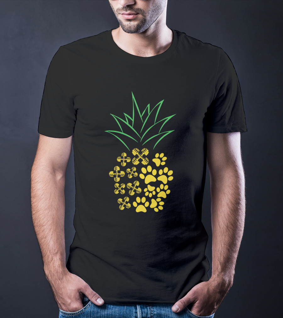 Weight Lifting Pineapple With Dumbbells And Paw Prints T-Shirt