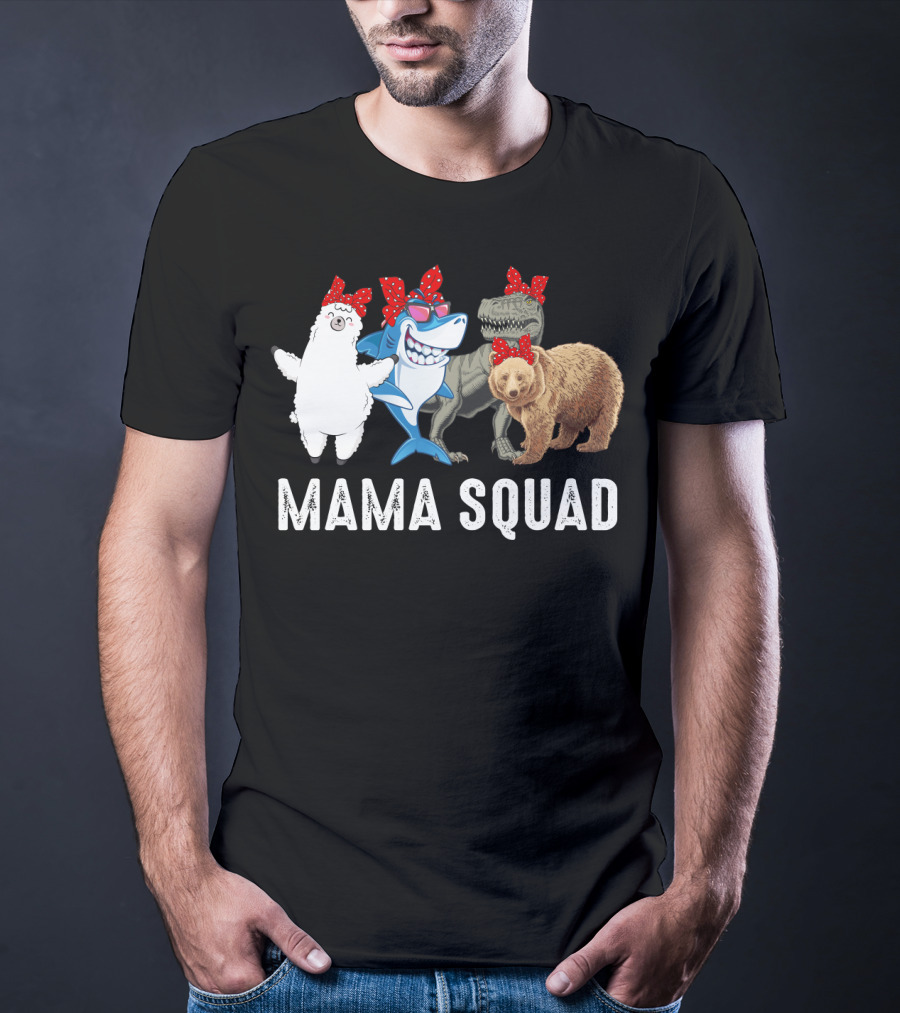 Mama Squad Llama Shark T-Rex Bear Red Bandana T-Shirt