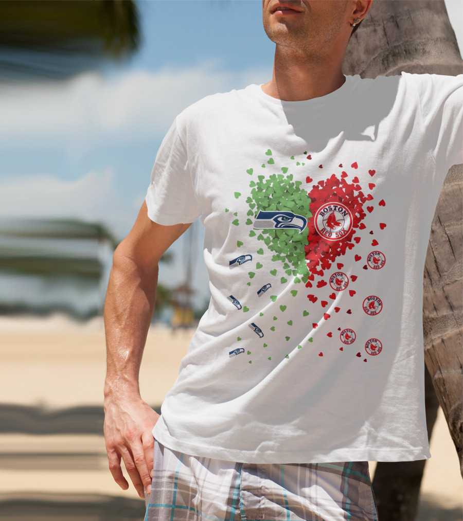 Seahawks And Boston Red Sox Heart Design With Logos And Symbols T-Shirt