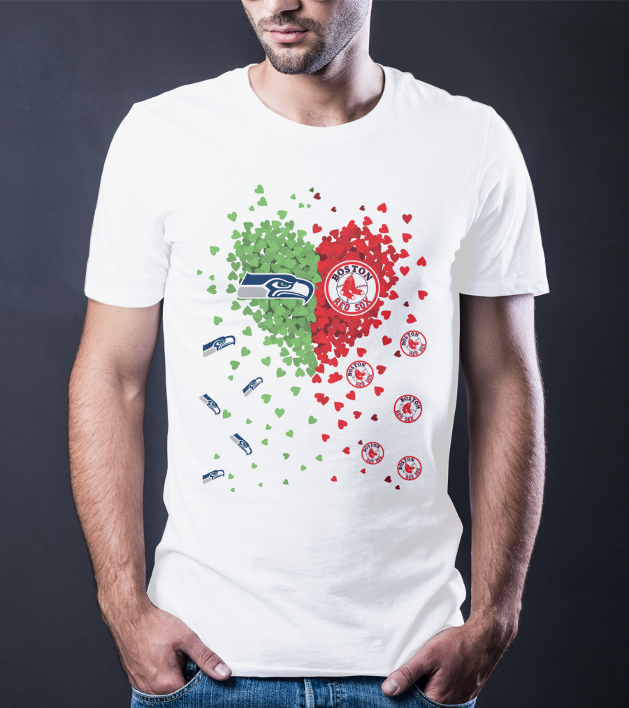 Seahawks And Boston Red Sox Heart Design With Logos And Symbols T-Shirt