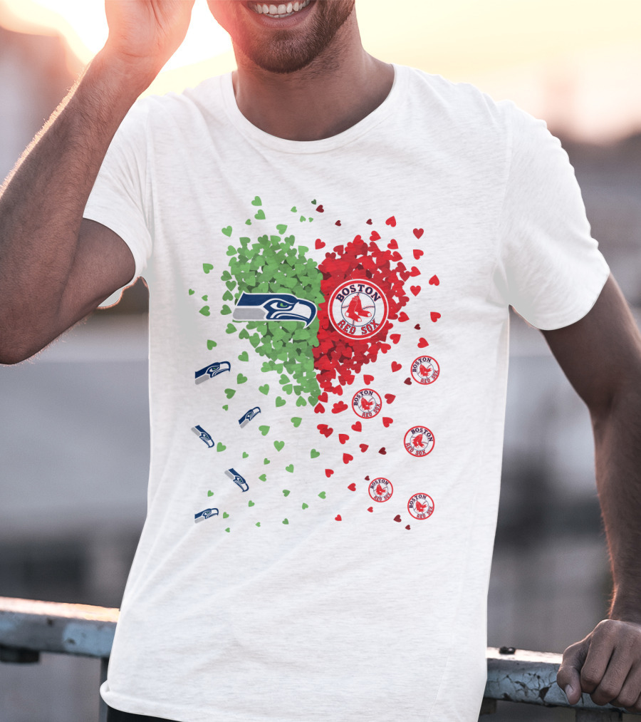 Seahawks And Boston Red Sox Heart Design With Logos And Symbols T-Shirt