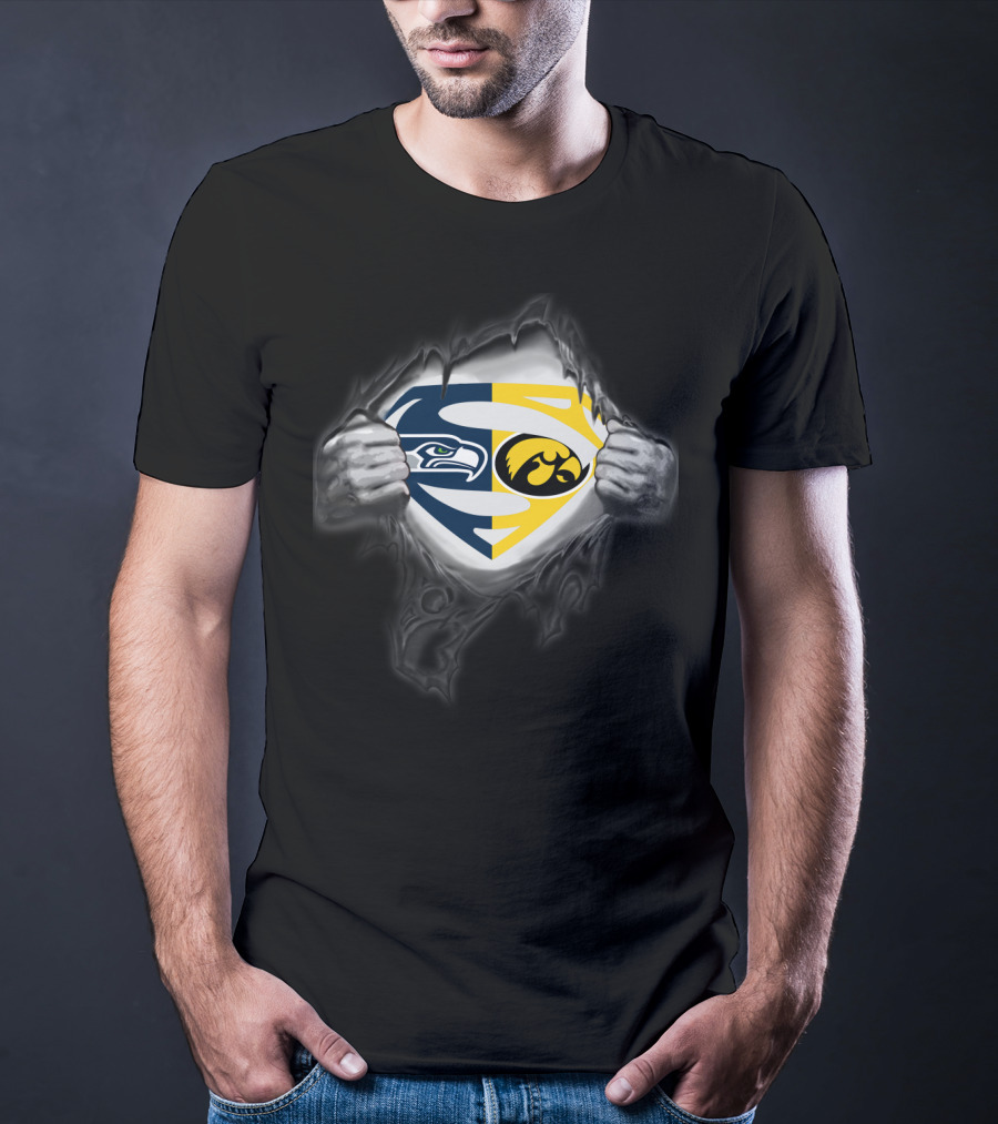 Seattle Seahawks Iowa Hawkeyes Superman Emblem Fusion T-Shirt