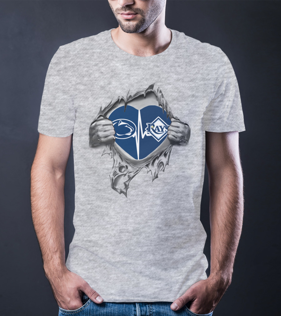 Tampa Bay Rays Penn State Heartbeat Design With Hands Tearing Grey Background T-Shirt