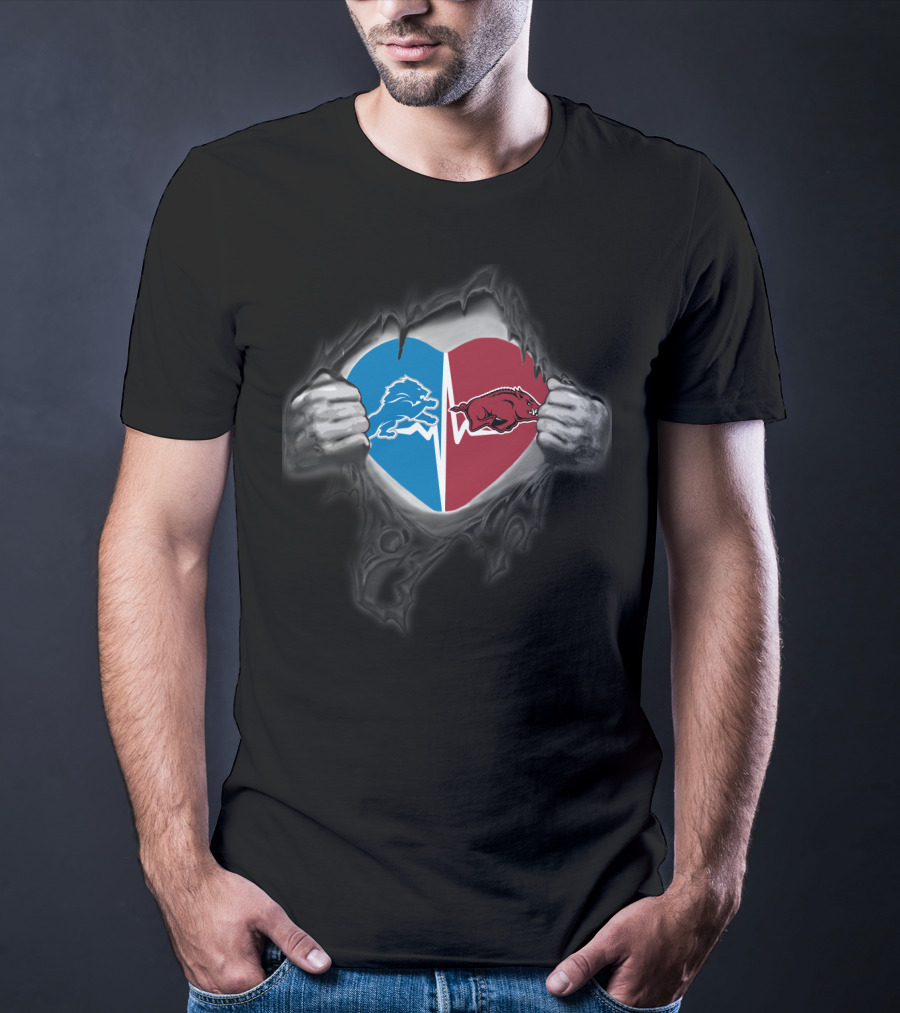 Detroit Lions Arkansas Razorbacks Heart Tear T-Shirt