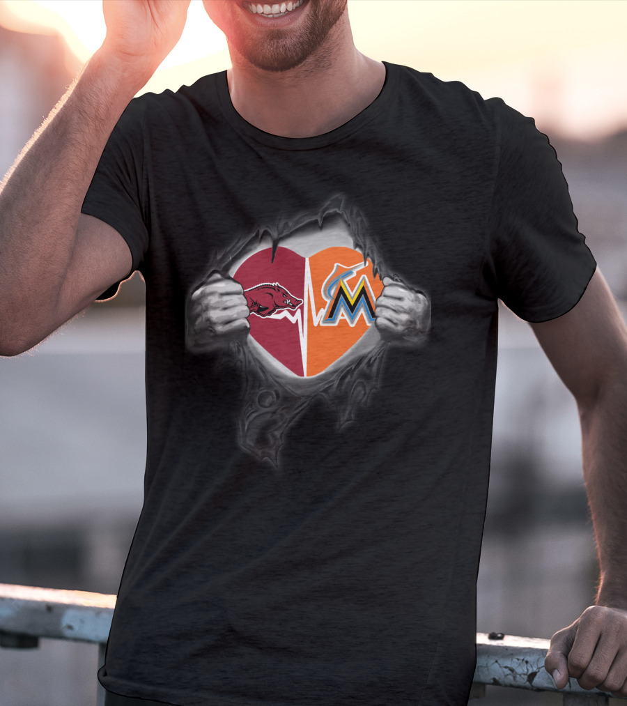 Arkansas Razorbacks Miami Marlins Heart Rip T-Shirt