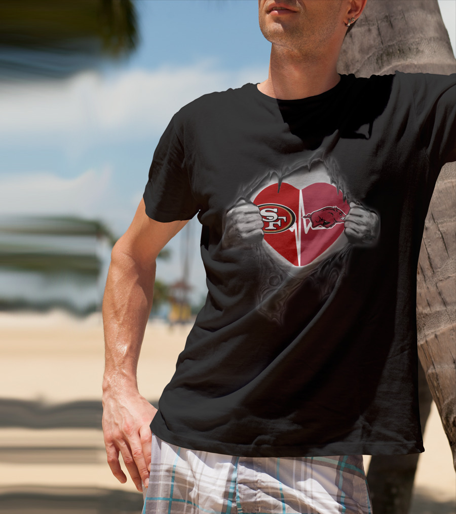 San Francisco 49ers Arkansas Razorbacks Heart Logo With Hands T-Shirt