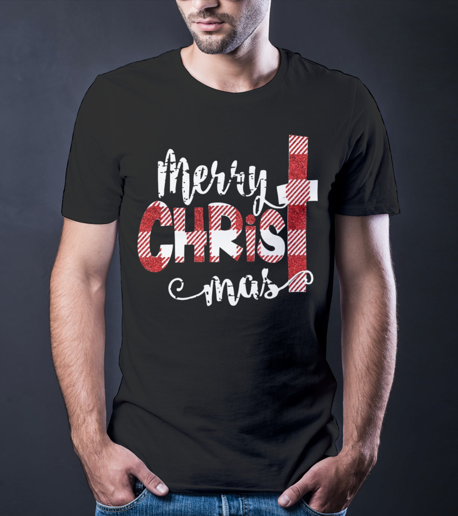 Merry Christ Mas Striped Cross Red Glitter T-Shirt