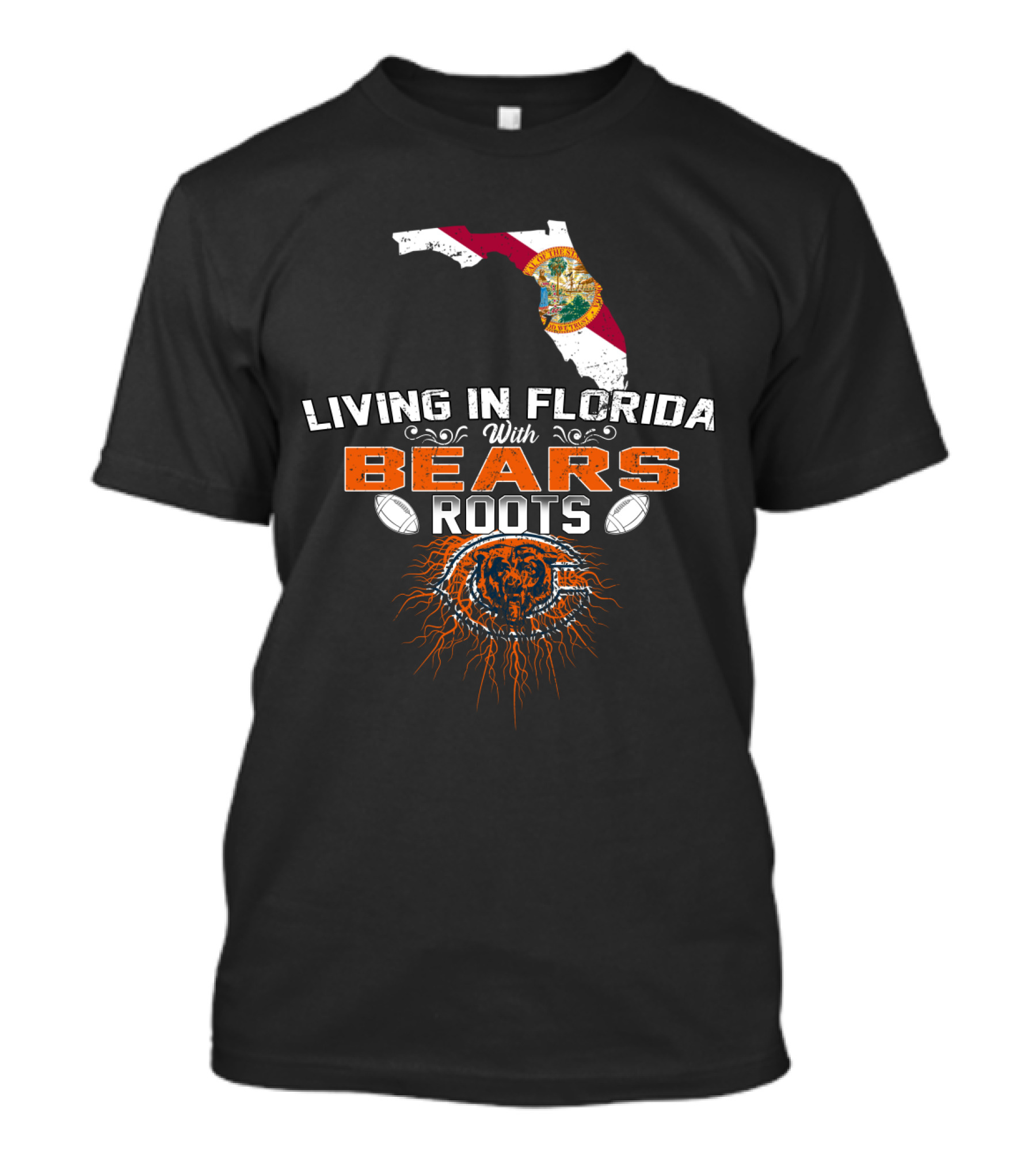 Living In Florida With Bears Roots Flag Map Football T-Shirt