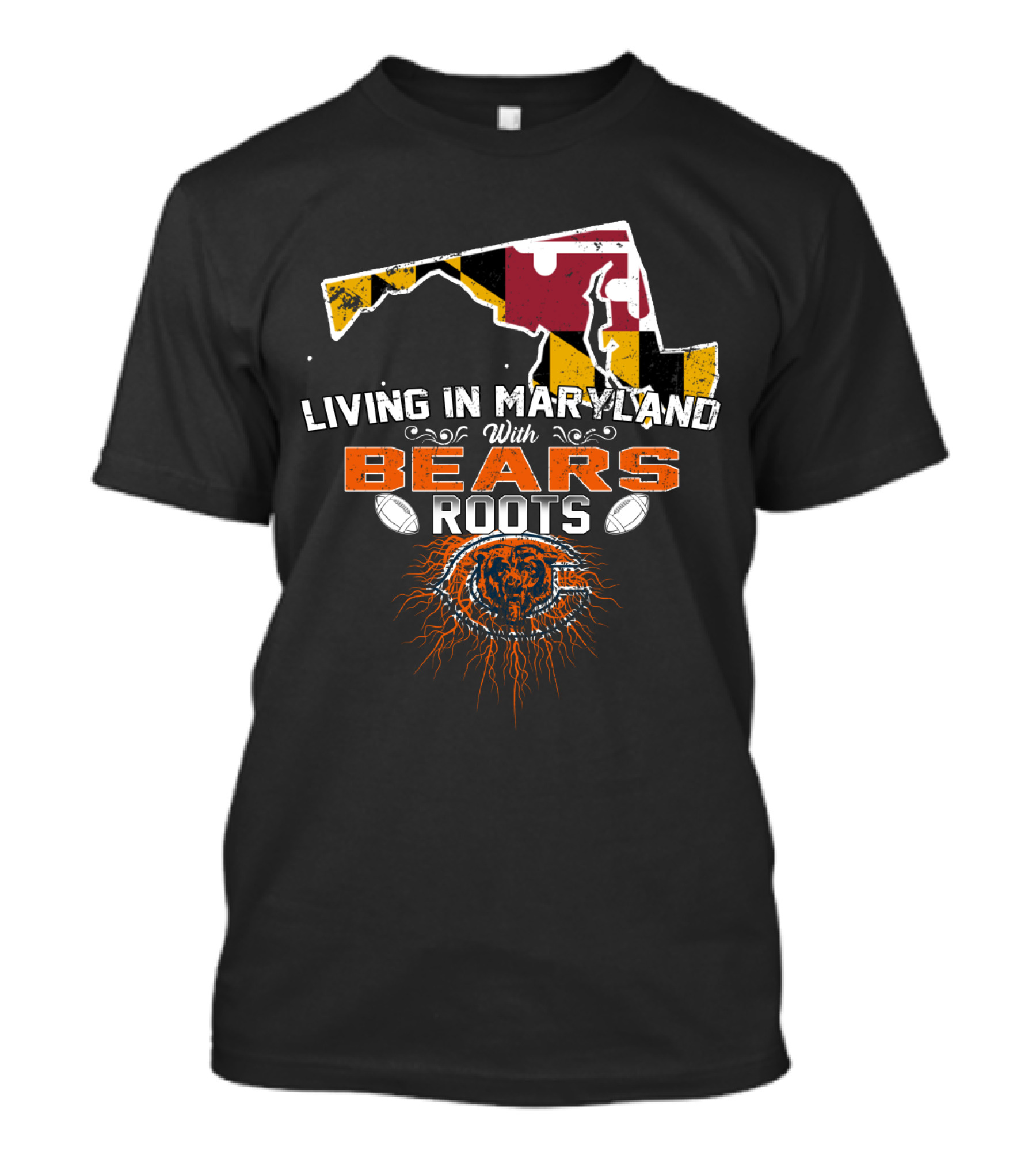 Living In Maryland With Chicago Bears Roots Football Map T-Shirt