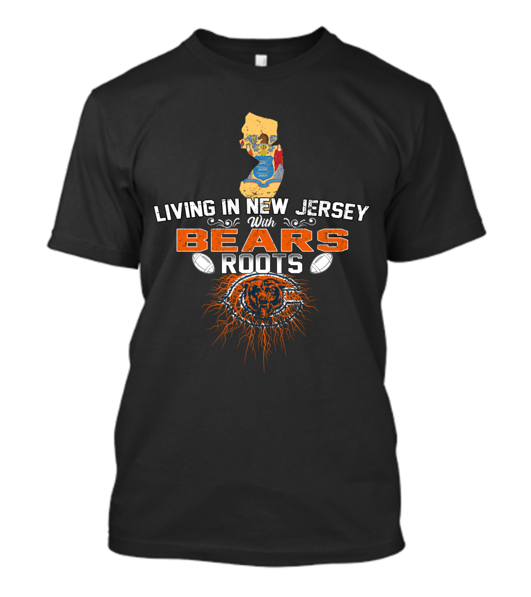 Living In New Jersey With Chicago Bears Roots Map And Football Elements T-Shirt