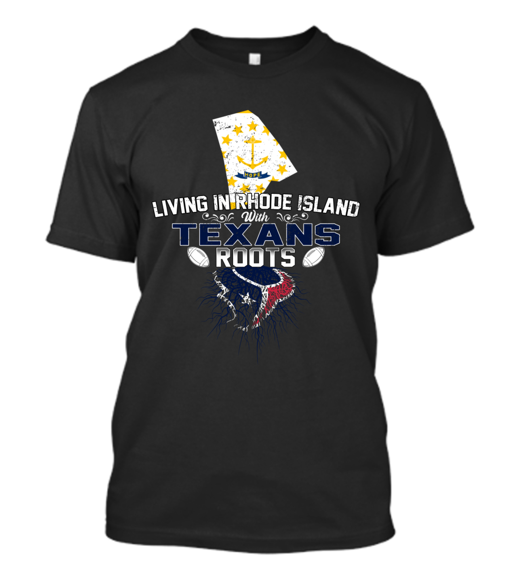 Living In Rhode Island With Texans Roots Football Pride And Starry Anchor Symbolism T-Shirt