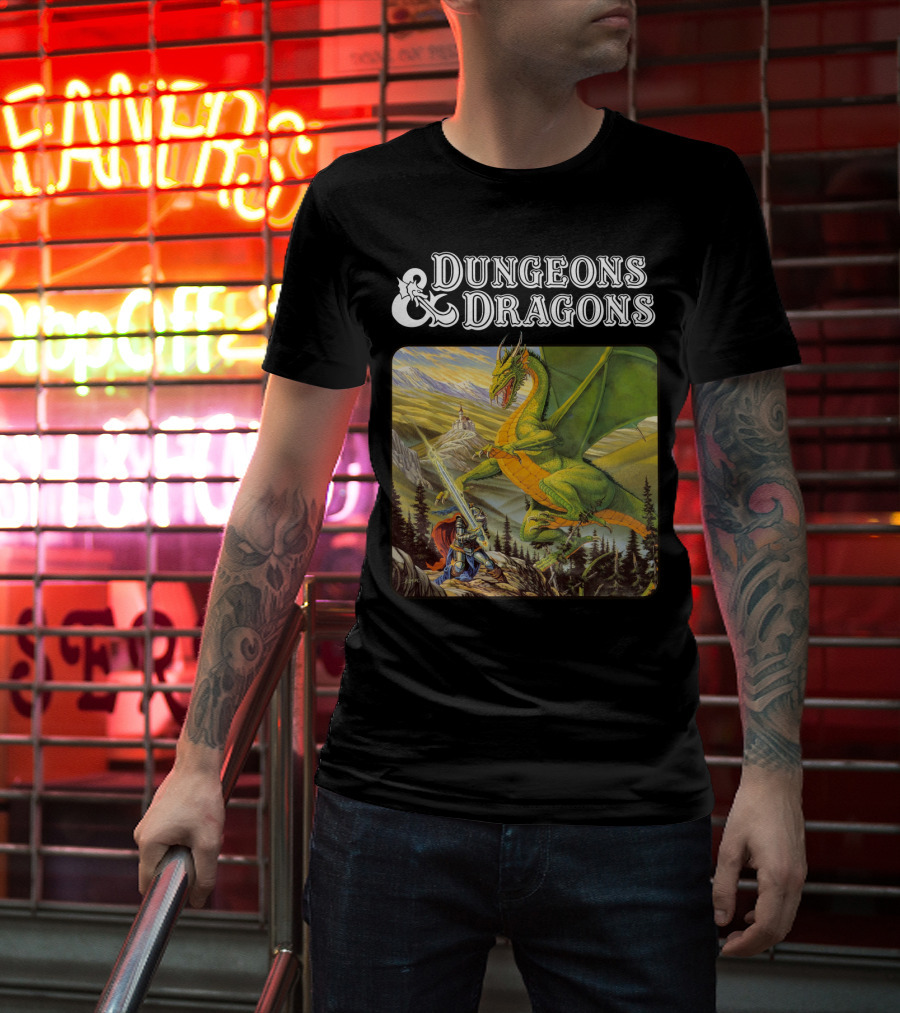 Dungeons And Dragons Knight Battling Green Dragon Scene T-Shirt
