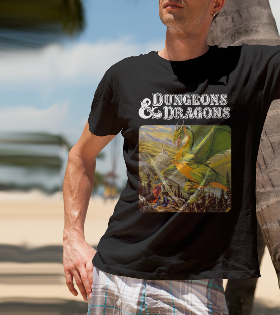Dungeons And Dragons Knight Battling Green Dragon Scene T-Shirt