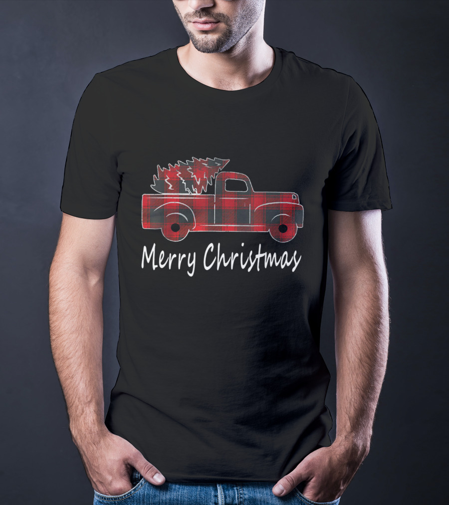 Buffalo Plaid Merry Christmas Red Truck And Tree T-Shirt