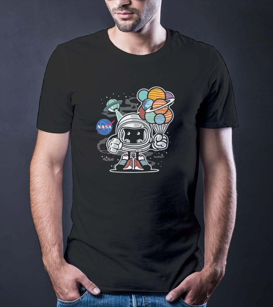 NASA Astronaut Adventure Holding Planet Balloons T-Shirt
