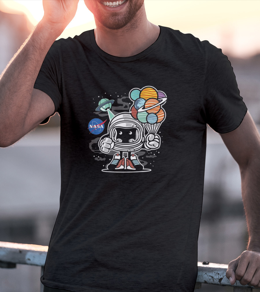NASA Astronaut Adventure Holding Planet Balloons T-Shirt