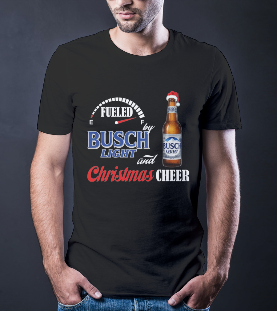 Fueled By Busch Light Christmas Cheer Beer Bottle Santa Hat T-Shirt