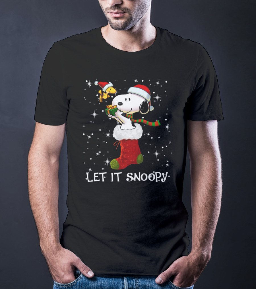 Let It Snoopy Snoopy In Christmas Sock With Santa Hat And Present T-Shirt