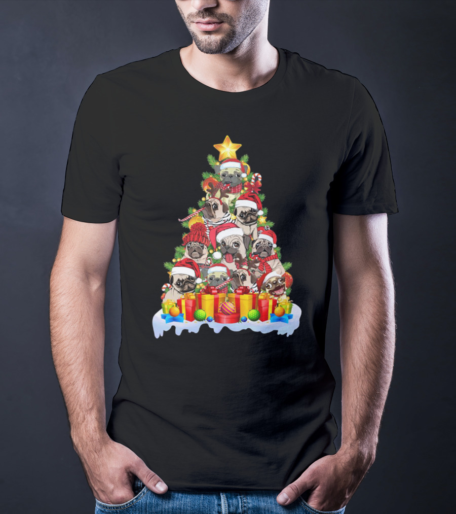 Pug Christmas Tree With Santa Hats And Presents T-Shirt