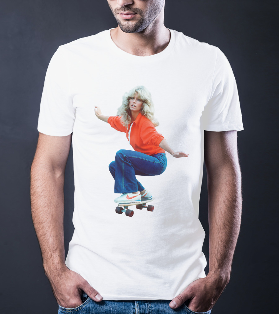 Farrah Fawcett Iconic Skateboarding Pose In Red Sweater And Sneakers T-Shirt