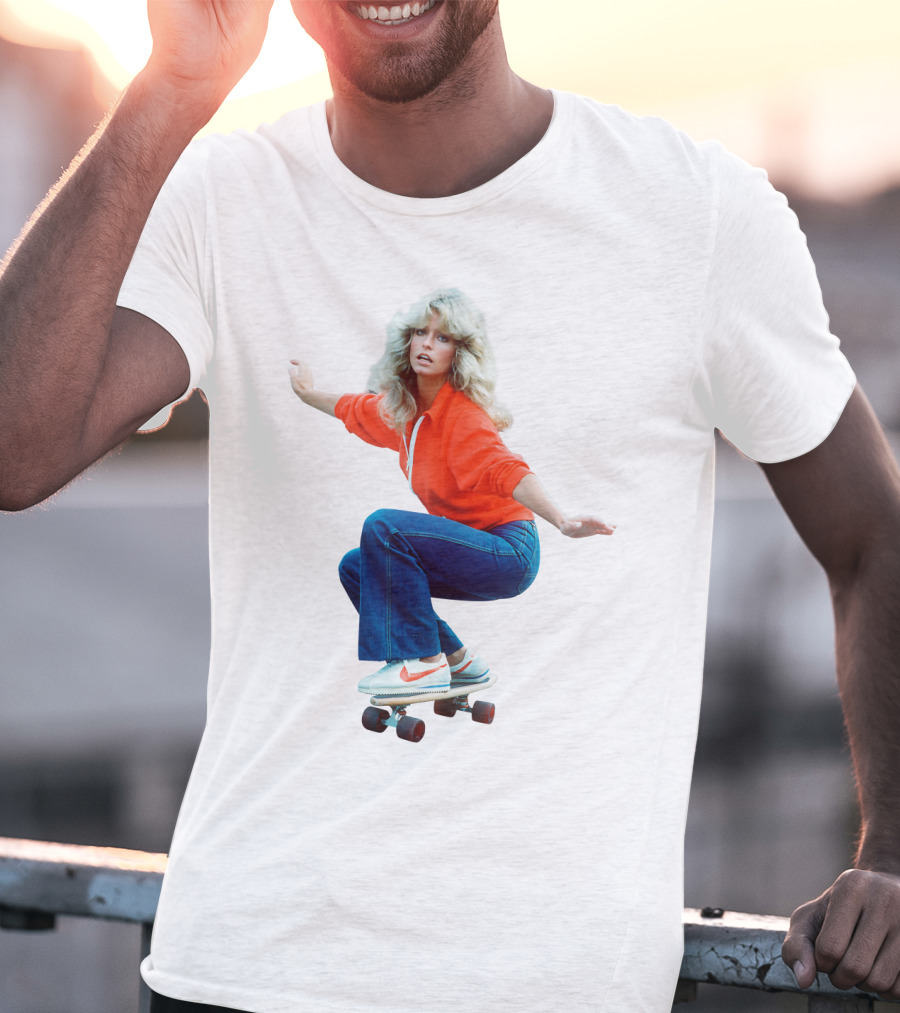Farrah Fawcett Iconic Skateboarding Pose In Red Sweater And Sneakers T-Shirt