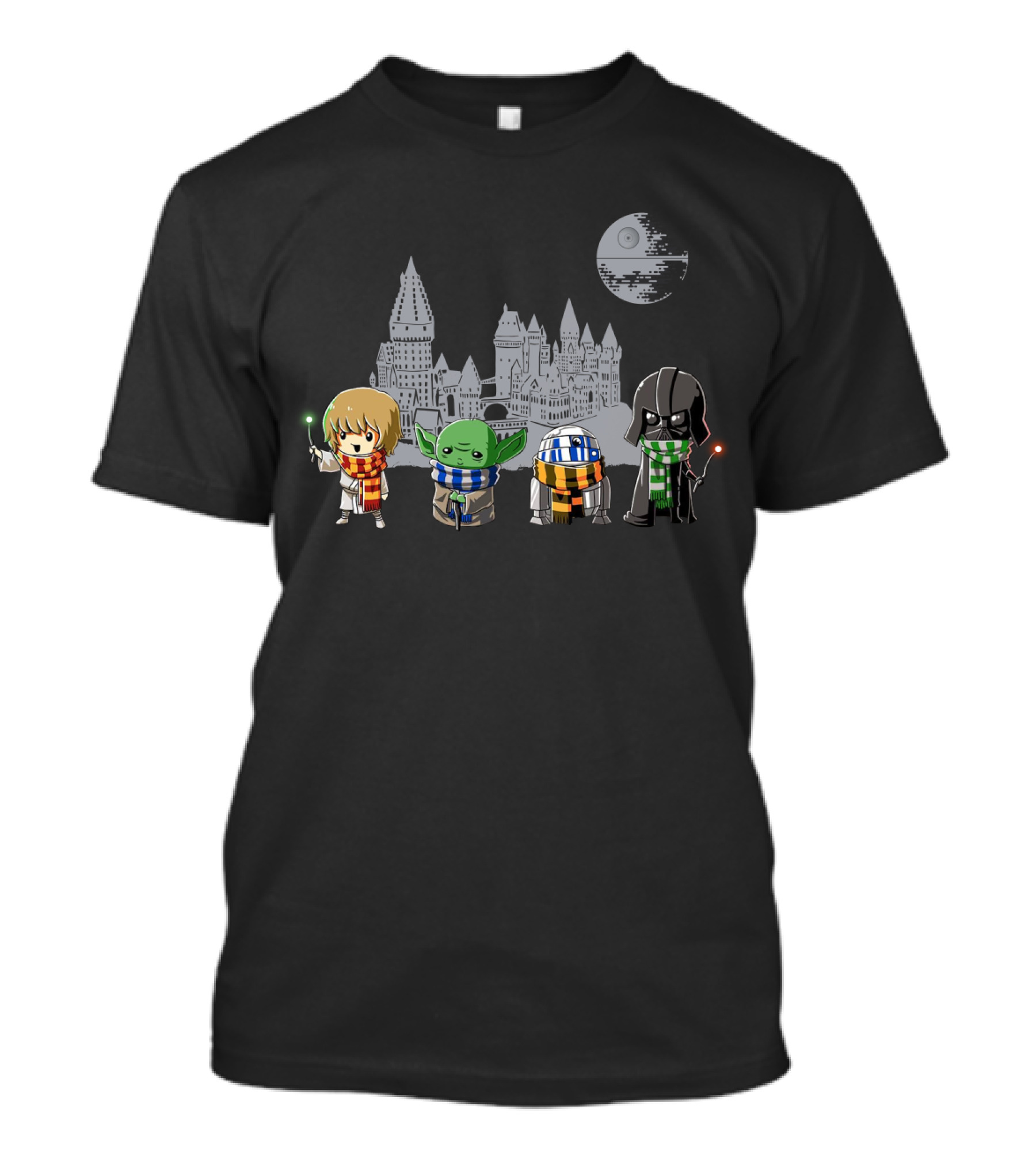 Star Wars Hogwarts Crossover With Luke Yoda R2-D2 And Darth Vader In House Scarves T-Shirt