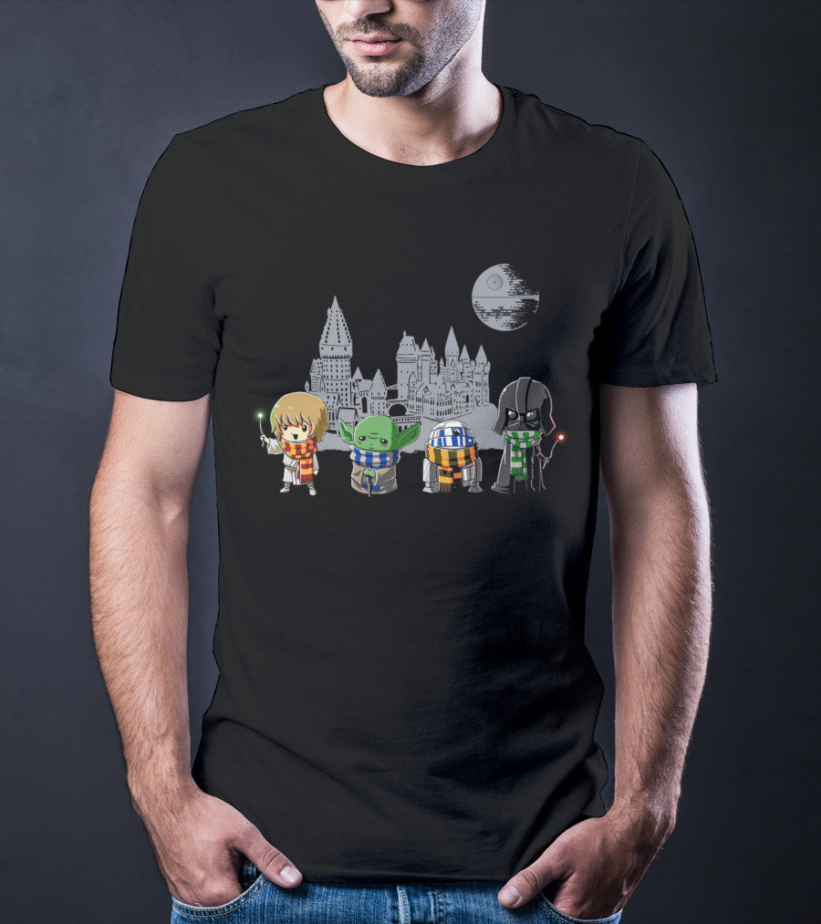 Star Wars Hogwarts Crossover With Luke Yoda R2-D2 And Darth Vader In House Scarves T-Shirt