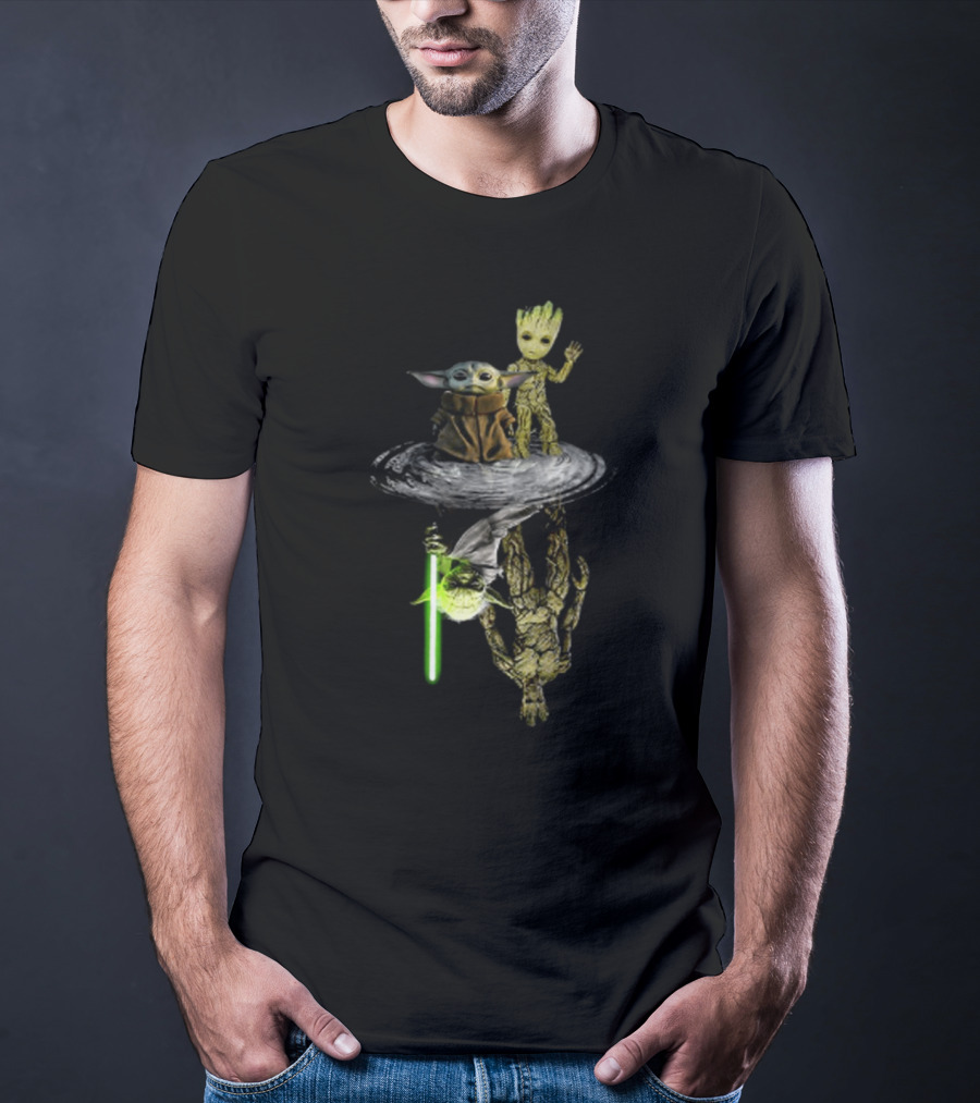 Baby Yoda And Baby Groot Reflection Master Yoda And Groot Lightsaber T-Shirt