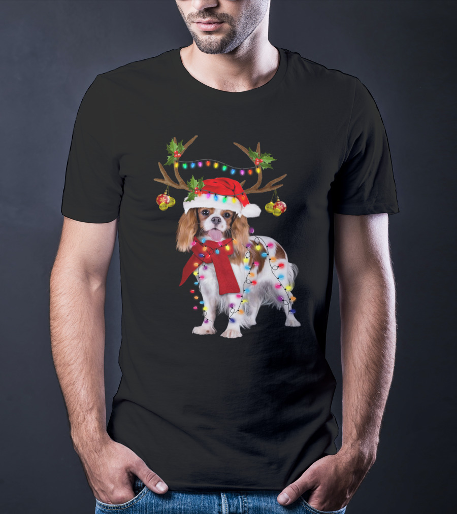 Cavalier King Charles Spaniel Christmas Reindeer Lights T-Shirt