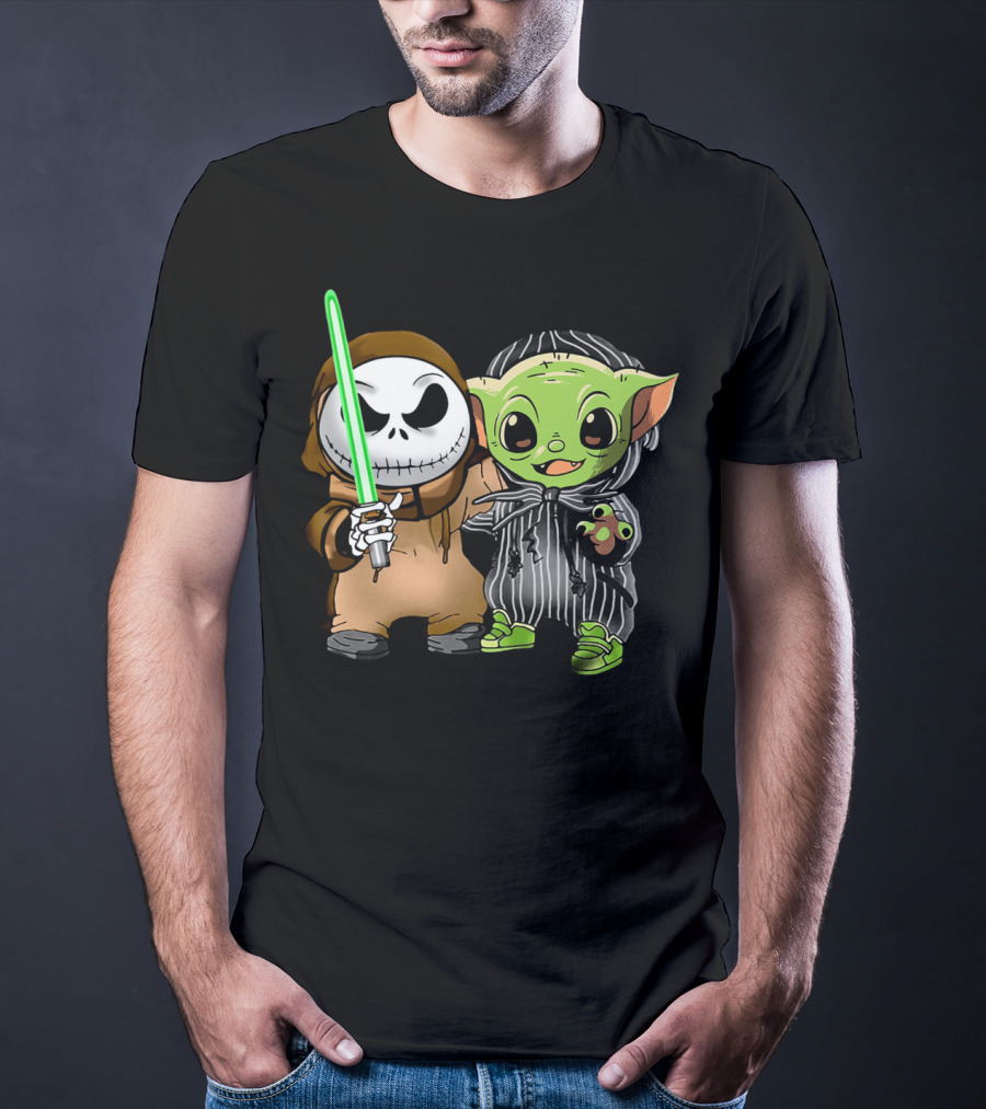 Jack Skellington In Jedi Robe And Baby Yoda In Striped Suit With Lightsaber T-Shirt