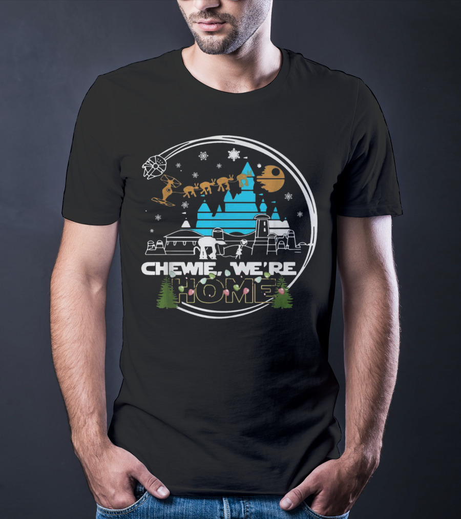 Disney Star Wars Chewie We're Home Snowflake Millennium Falcon Christmas Trees T-Shirt