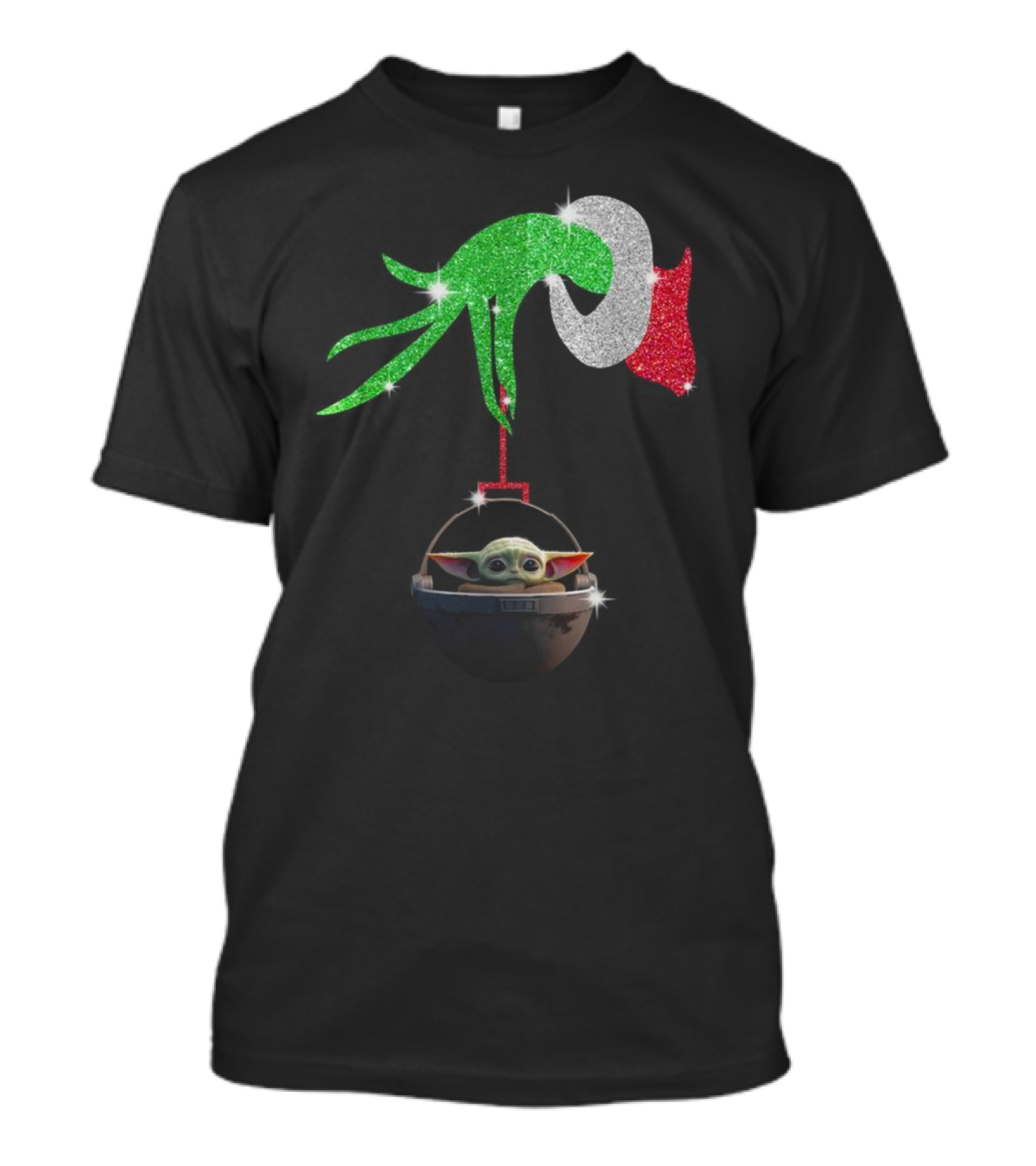 Grinch Glitter Hand Holding Baby Yoda T-Shirt