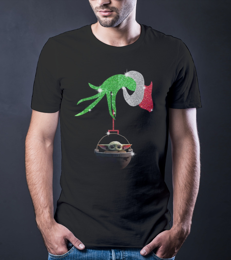 Grinch Glitter Hand Holding Baby Yoda T-Shirt