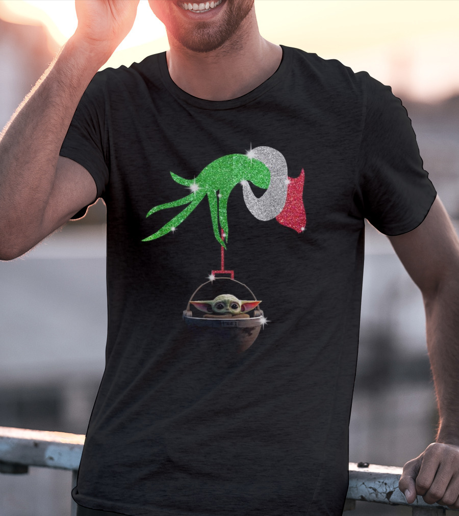 Grinch Glitter Hand Holding Baby Yoda T-Shirt