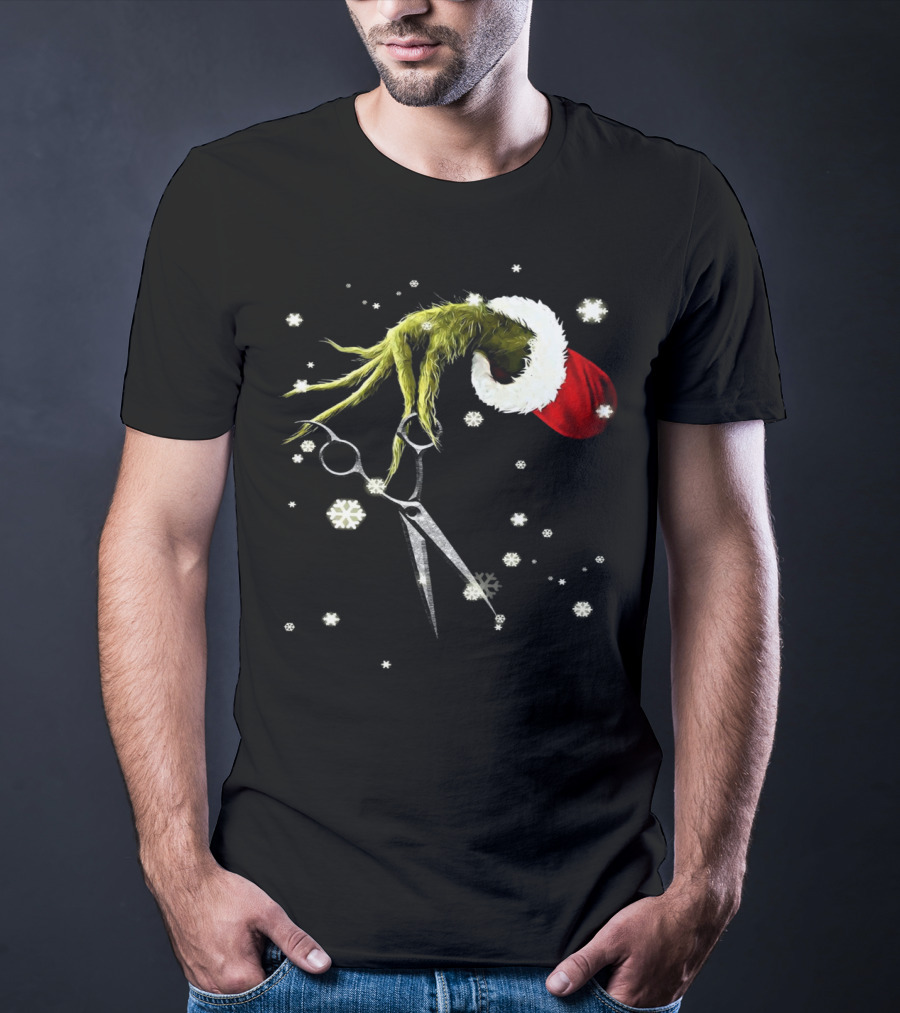 Grinch Hand Holding Scissors Santa Hat Snowflakes T-Shirt