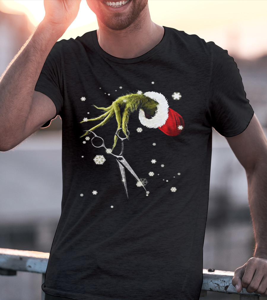 Grinch Hand Holding Scissors Santa Hat Snowflakes T-Shirt