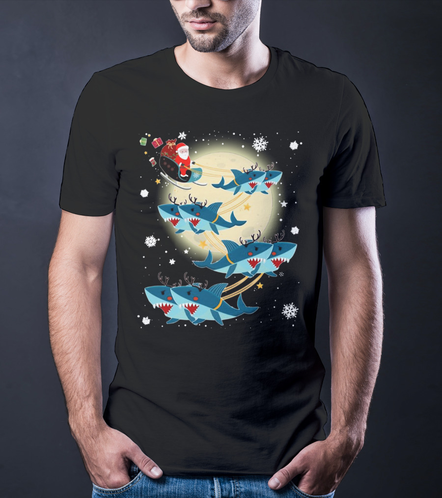 Santa Claus Riding Shark Reindeer Full Moon Snowflakes T-Shirt