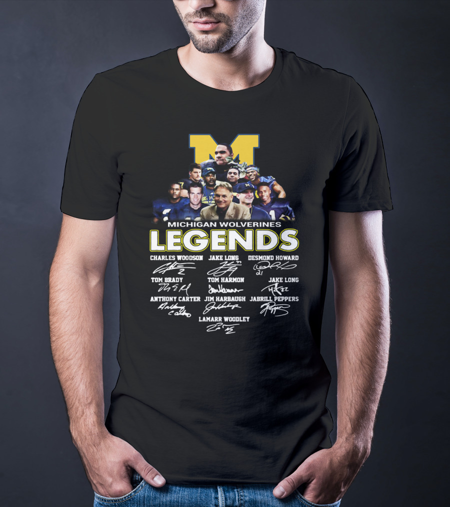 Michigan Wolverines Legends Charles Woodson Desmond Howard Tom Brady Jim Harbaugh Signatures T-Shirt