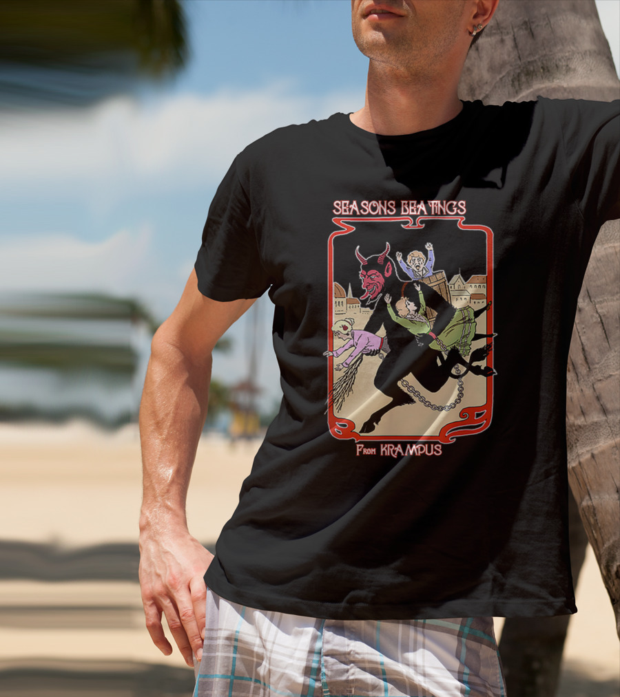 Seasons Beatings From Krampus With Festive Cityscape And Naughty Children T-Shirt