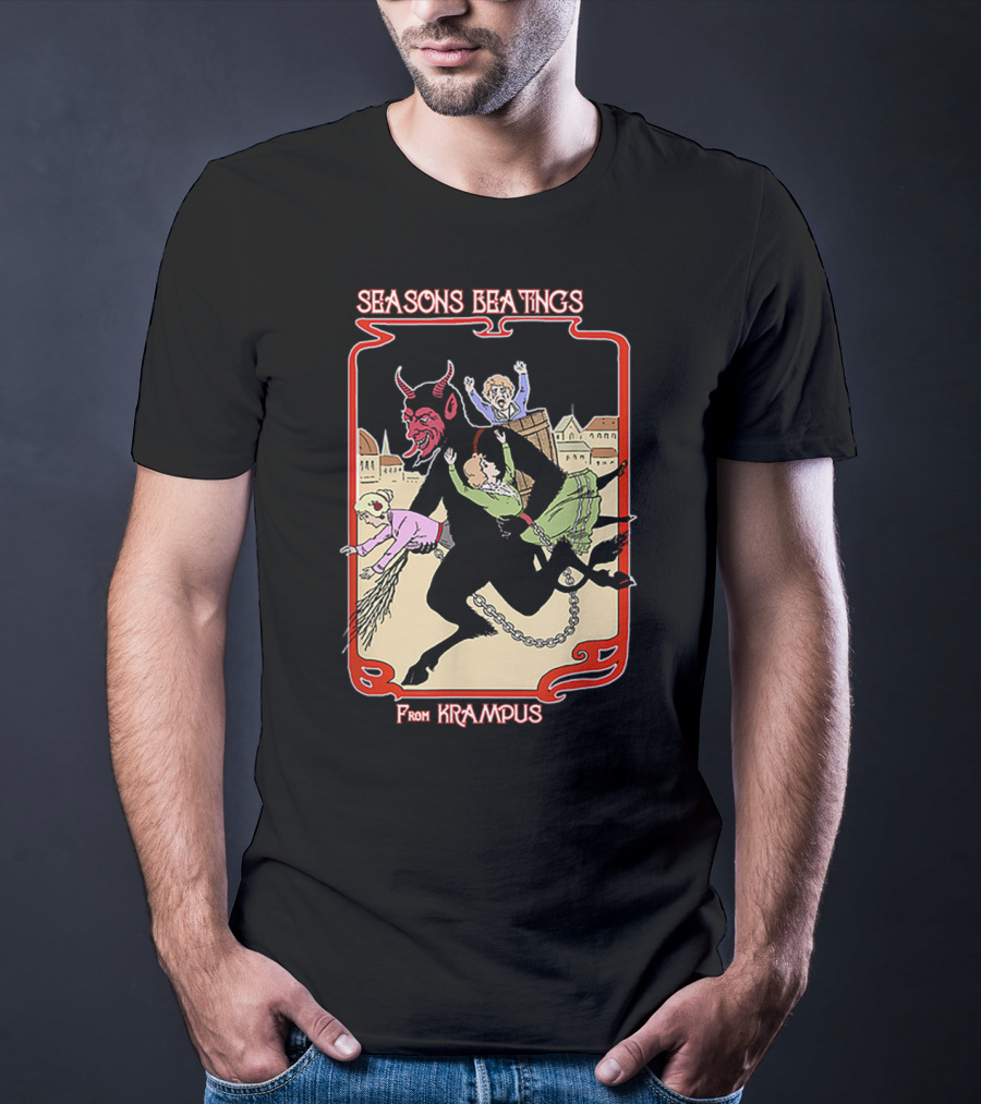 Seasons Beatings From Krampus With Festive Cityscape And Naughty Children T-Shirt