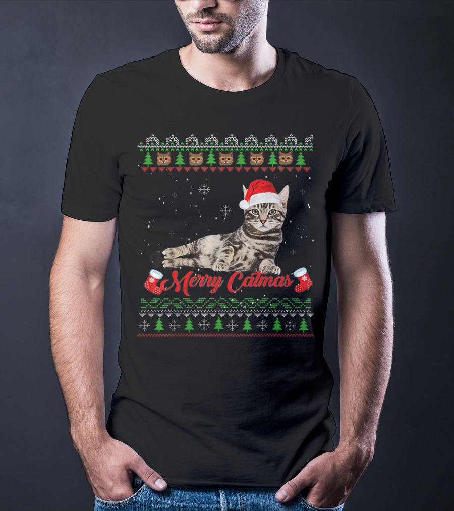 Merry Catmas Christmas Cat Santa Hat Festive Design With Christmas Trees And Stockings T-Shirt