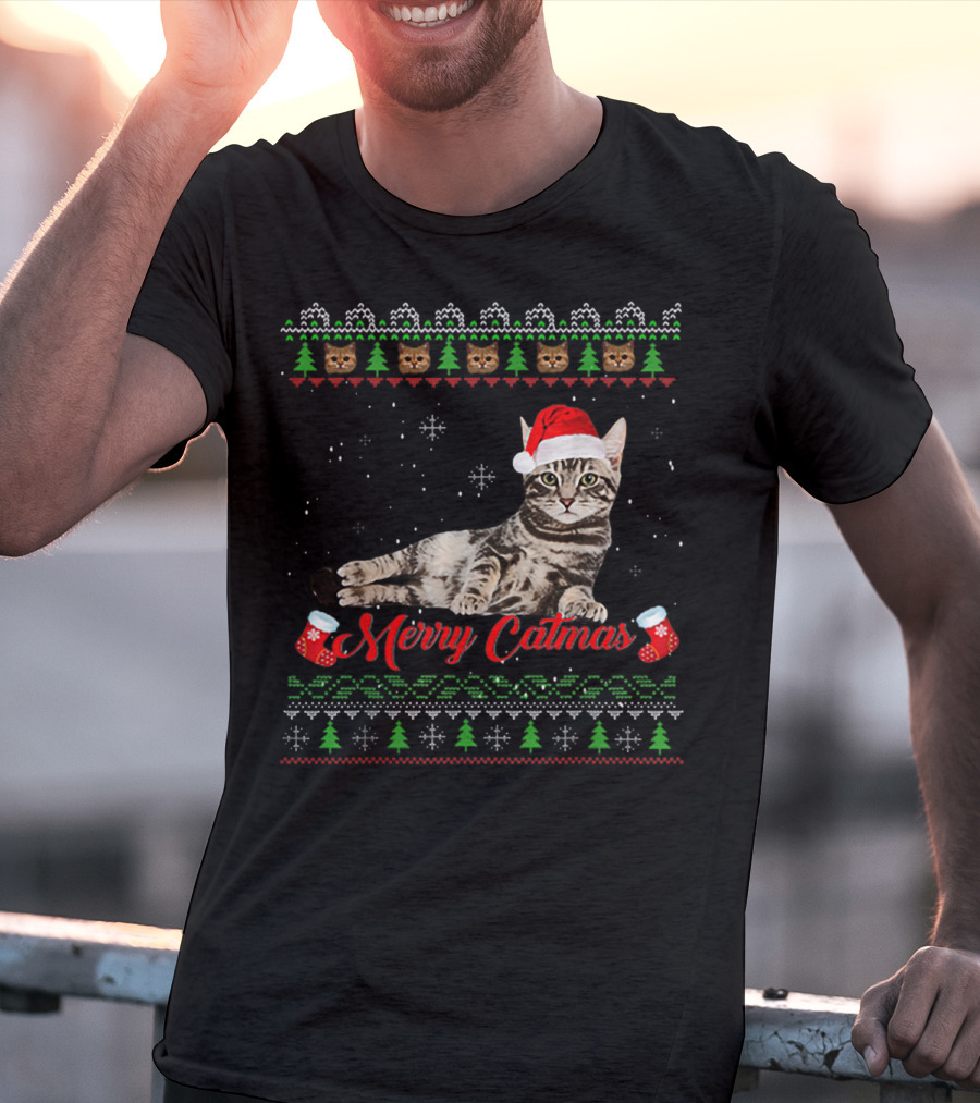 Merry Catmas Christmas Cat Santa Hat Festive Design With Christmas Trees And Stockings T-Shirt